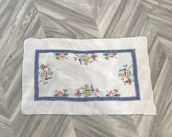 Vintage White Cotton Hand Embroidered Tray Cloth  - 1950/60s