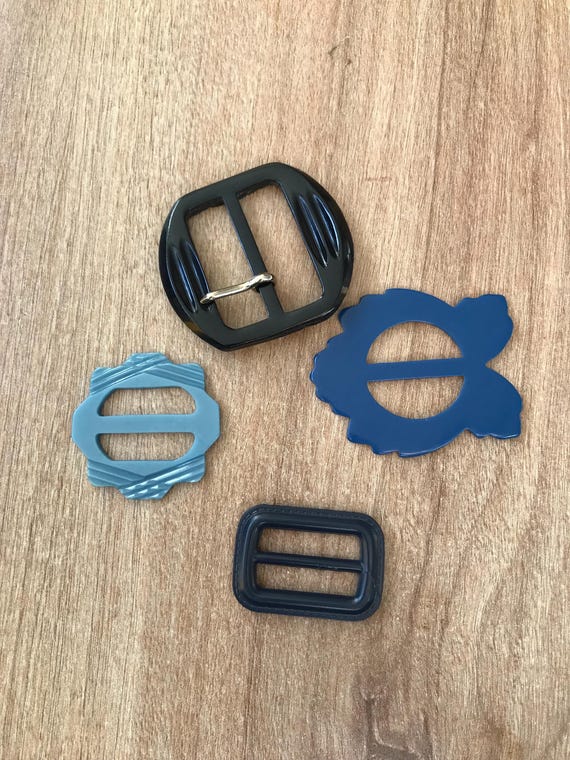 4 X Vintage Art Deco Blue Bakelite and Plastic Buckles - 1930/40s