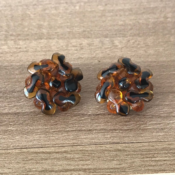 Vintage West German Amber and Black Glass Bead Clip On Earrings - 1950s