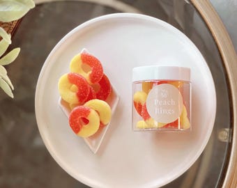 Pierścienie brzoskwiniowe, bezglutenowe, słodka przekąska, dodatek do prezentu, stwórz pudełko na prezent, spersonalizuj prezent, słodycze, żelki brzoskwiniowe, żelki brzoskwiniowe