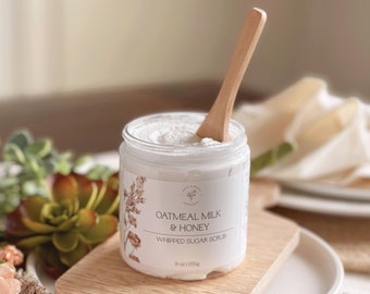 WHIPPED SUGAR SCRUB 9oz • Oatmeal Milk & Honey  • Body Polish •  Exfoliating Scrub • Bamboo Wooden Spoon • Build a Gift Box