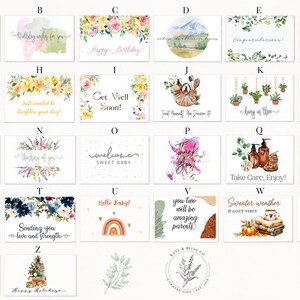 May include: A collection of twenty-six rectangular greeting cards arranged in a grid, each featuring unique watercolour illustrations and typography. Designs include floral motifs, seasonal themes, inspirational quotes, and celebratory messages.