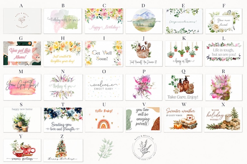 May include: A collection of twenty-six rectangular greeting cards arranged in a grid, each featuring unique watercolour illustrations and typography. Designs include floral motifs, seasonal themes, inspirational quotes, and celebratory messages.