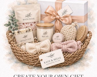 May include: A woven basket containing a white gift box with a peach ribbon, a pouch of bath soak, an artisan soap bar, a candle labeled Relax, a lip balm, a crochet sponge, a wooden brush, and two fuzzy headbands, with a Kate & Belle tag.