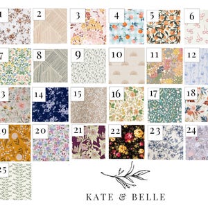 May include: A grid of twenty-five fabric swatches labelled EYE PILLOW FABRICS and KATE & BELLE, featuring diverse patterns including floral, geometric, and botanical prints in various colours like navy, mustard, pink, green, and black.