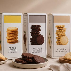 May include: Three rectangular white boxes of cookies labeled Meyer Lemon Cookies, Chocolate Cacao Nib Shortbread, and Vanilla Shortbread. Each box features a stack of cookies, with loose cookies on plates and a wooden board in the foreground.