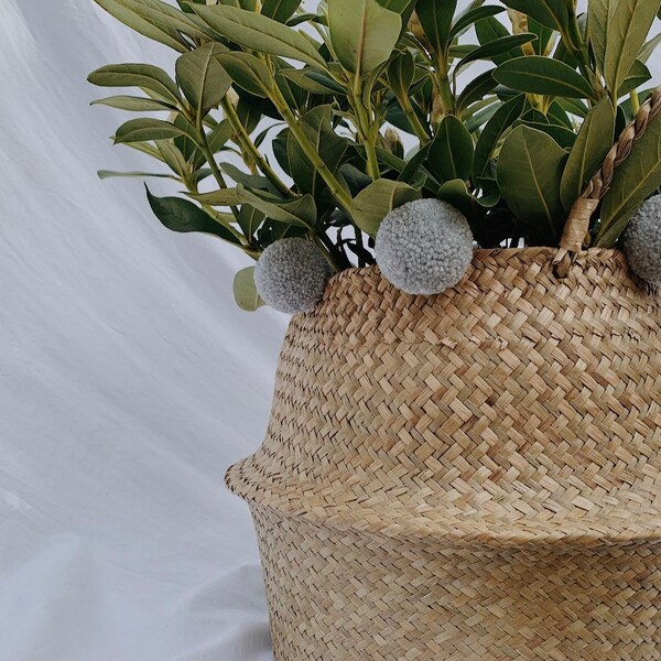 Handmade Pom Pom Seagrass Belly Basket - Storage / Decor / Plant Stand / Gift