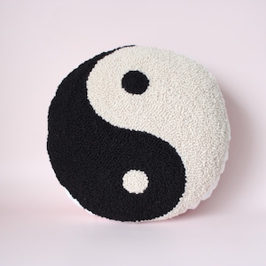 Handmade Black and Off White Yin and Yang Punch Needle Cushion | Free UK Postage