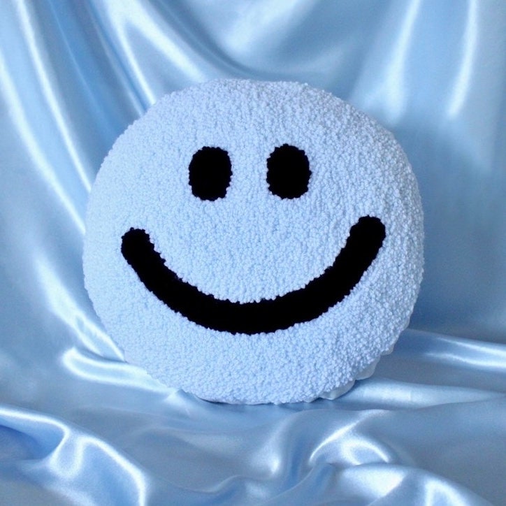 Handmade Sky Blue Punch Needle Smiley Face Cushion || Punch