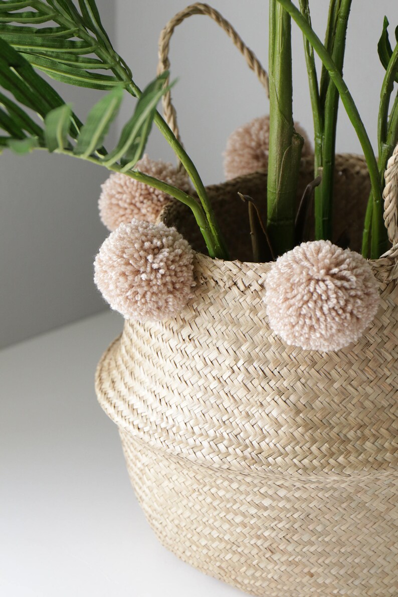Handmade Pom Pom Seagrass Belly Basket Storage / Decor / Etsy UK