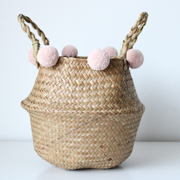 Handmade Blush Pom Pom Seagrass Belly Basket - Storage / Decor / Plant Stand / FREE UK SHIPPING /