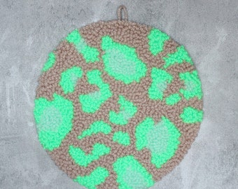 Handmade Punch Needle Neon Green and Mint Leopard Print Wall Art Hanging || Free UK Postage