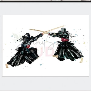 Kendo Painting Print poster, martial arts, Kendoka, kenshi watercolour, Oriental, Samurai warrior, energy, Japanese artwork, powerful