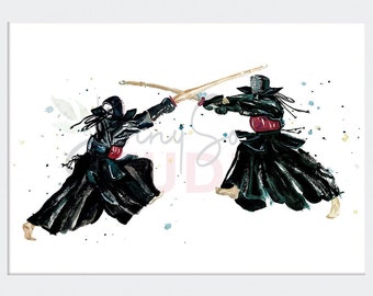 May include: Watercolor print of two figures in black kendo uniforms engaged in a martial arts duel. The figures are wielding wooden swords, with splashes of blue and green watercolor adding a dynamic effect. The artwork is framed in a black frame.