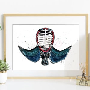 Kendo Painting Print poster, martial arts painting, watercolour Samurai warrior, Japanese kenshi, energy, powerful painting, champion