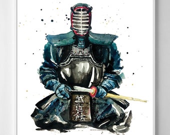 May include: A watercolor painting of a kendo practitioner wearing a black and blue uniform with a red and black helmet. The practitioner is sitting with a wooden sword and a scroll with Japanese characters that read "武道" (Budō).