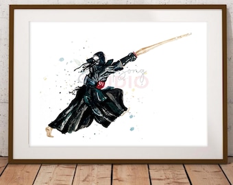May include: A watercolor painting of a person in a black kendo uniform, holding a wooden sword, in a dynamic pose. The background is a white canvas with watercolor splatters.