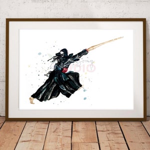 Póster de pintura de kendoka kenshi kendo, impresión de acuarela de artes marciales, guerrero samurái, dinámico, japonés, feroz, poderoso, luchador, campeón