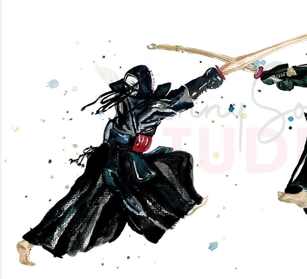 剣道戦士の水彩画、日本の武道ポスター - Etsy 日本