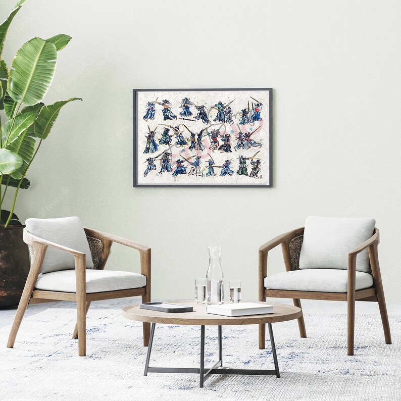 May include: A framed watercolour artwork showing multiple figures in action poses, with blue, red, and green hues. The artwork is displayed above a round wooden coffee table and two armchairs.
