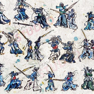 May include: A watercolour illustration depicting numerous figures in blue and white traditional Japanese martial arts attire, engaged in combat with wooden swords. Set against a textured, off-white backdrop with colourful paint splatters.