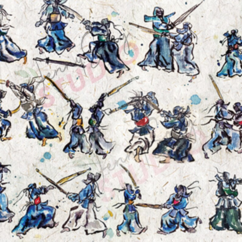 May include: A watercolour illustration depicting numerous figures in blue and white traditional Japanese martial arts attire, engaged in combat with wooden swords. Set against a textured, off-white backdrop with colourful paint splatters.