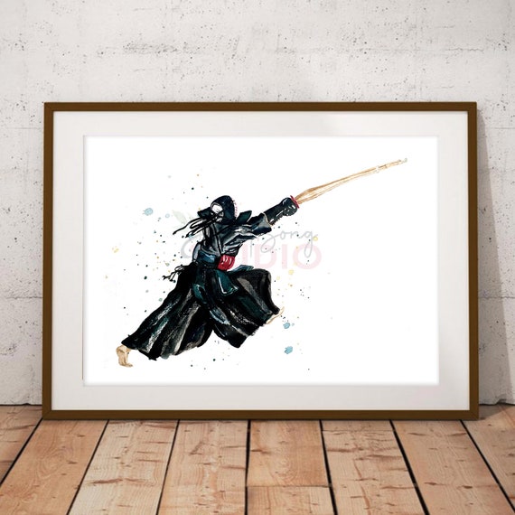 剣道戦士の水彩画、日本の武道ポスター - Etsy 日本