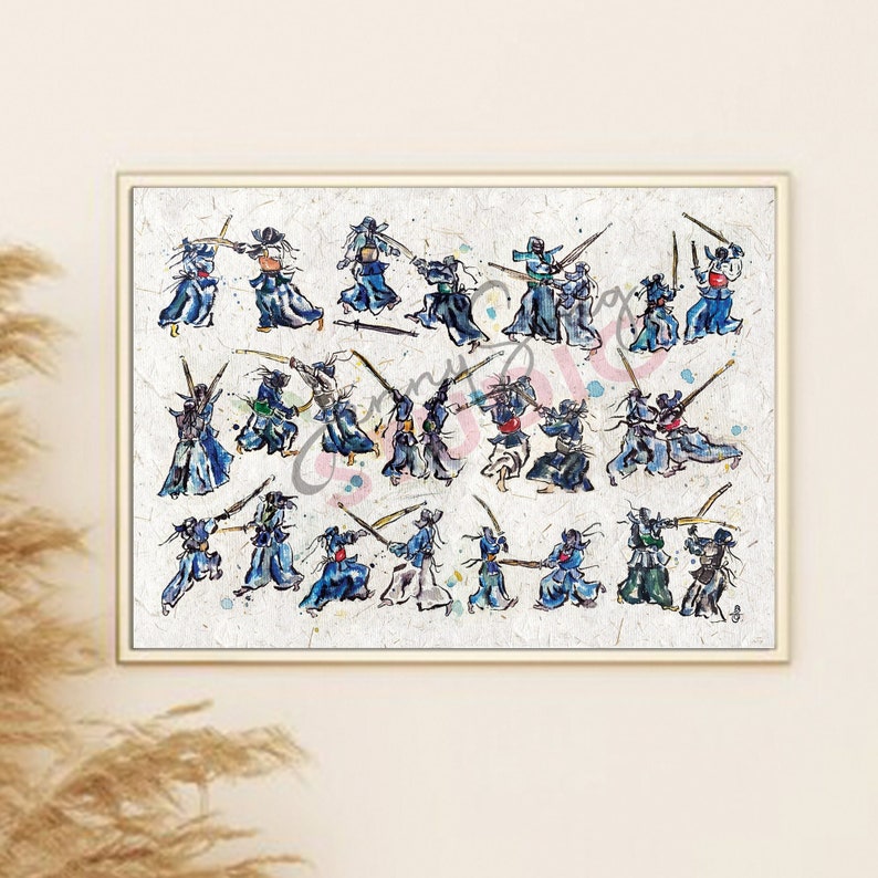May include: Watercolour painting depicting numerous figures in martial arts stances, each holding swords. The figures are clad in blue, black, and green clothing, set against a textured, off-white backdrop. The artwork is presented within a gold-coloured frame.