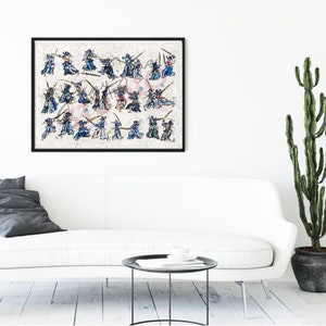 May include: A framed watercolour print showing multiple figures in action poses, possibly depicting a martial arts scene. The figures are dressed in various colours, including blue, green, and black, with swords. The artwork is set against a textured, off-white background.