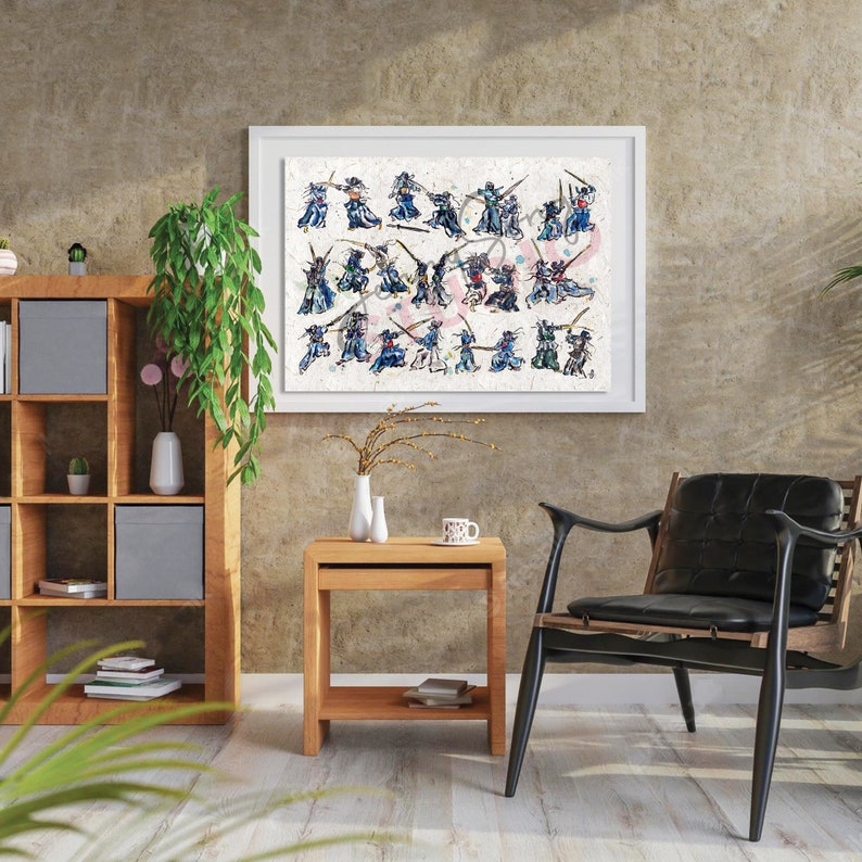 May include: A framed watercolour print depicting multiple figures in combat poses. The figures are in blue, black, and red against a textured, off-white background. The artwork is displayed in a room with wooden furniture and a plant, creating a stylish interior.