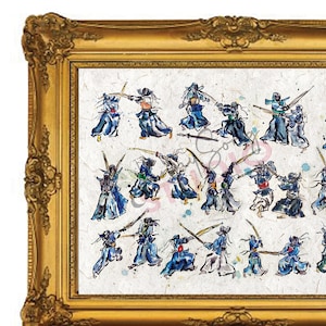 May include: A framed print showing a watercolour illustration of multiple figures in martial arts practice. The figures are in traditional dress, wielding swords. The artwork is set against a textured, off-white background, framed in a gold ornate frame.