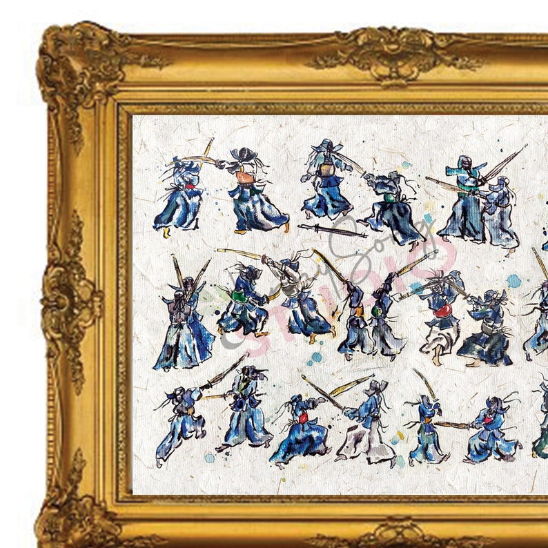 May include: A framed print showing a watercolour illustration of multiple figures in martial arts practice. The figures are in traditional dress, wielding swords. The artwork is set against a textured, off-white background, framed in a gold ornate frame.