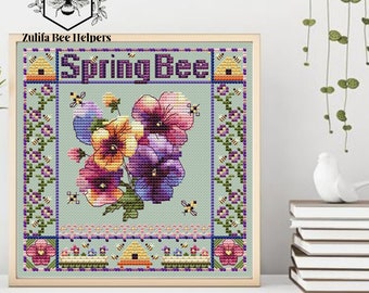 Pansies Cross Stitch Pattern Flowers Cross Stitch PDF Bee sampler Bee digital pattern chart cross stitch Pansies Flowers Bee cross stitch