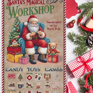 May include: A cross-stitch pattern featuring Santa Claus sitting in a chair with a teddy bear and a Christmas tree. The pattern includes a grid of 36 squares with different Christmas-themed images, including candy, toys, and games. The text "Santa's Magical Workshop" is at the top of the pattern, and the text "Handcrafted at the North Pole" is on the right side. The text "Candy Toys Games" is at the bottom of the pattern.