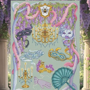 May include: A cross-stitch design titled "Midnight Masquerade" featuring various masquerade masks, a chandelier, and a fan. The design incorporates pastel colors, including lavender, pink, and teal, with a bee emblem at the top. The design is framed by ribbons and floral elements.