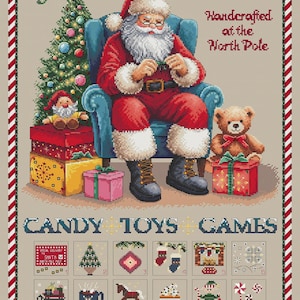May include: Santa Claus sits in a blue armchair, wearing a red suit and white beard, holding a red and white striped candy cane. A Christmas tree with ornaments is behind him. A teddy bear sits on a red and white gift box. The text "Santa's Magical Workshop" is at the top of the image. Below the image is a grid of 24 squares with illustrations of Christmas-themed items, including candy canes, toys, and games. The text "Candy Toys Games" is below the grid.