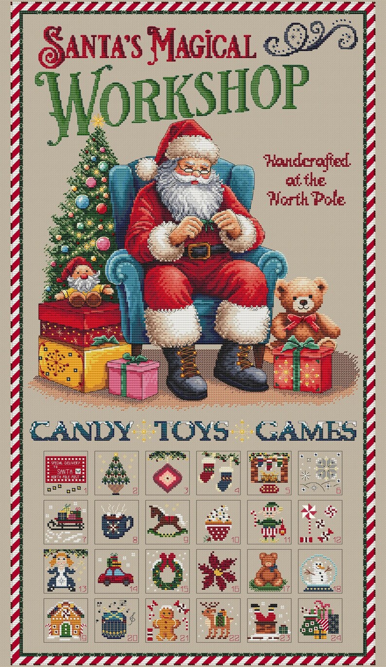 May include: Santa Claus sits in a blue armchair, wearing a red suit and white beard, holding a red and white striped candy cane. A Christmas tree with ornaments is behind him. A teddy bear sits on a red and white gift box. The text "Santa's Magical Workshop" is at the top of the image. Below the image is a grid of 24 squares with illustrations of Christmas-themed items, including candy canes, toys, and games. The text "Candy Toys Games" is below the grid.