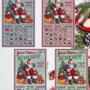 May include: Four different versions of a Santa's Magical Workshop poster. Each poster features a cartoon image of Santa Claus sitting in a chair with a Christmas tree behind him. The posters also include a grid of 25 images of different Christmas-themed items, such as candy canes, toys, and games. The text on the posters reads "Santa's Magical Workshop" and "Handcrafted at the North Pole".