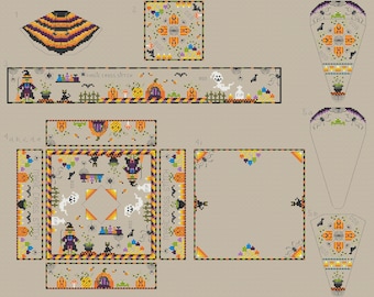 Conjunto de patrones de alfiletero de punto de cruz de Halloween en PDF. Gráfico de patrones de alfiletero digital de biscornu de Halloween. Patrón de punto de cruz de Halloween.