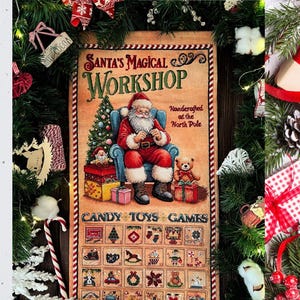 May include: A vintage-style illustration of Santa Claus in his workshop, surrounded by Christmas decorations. The image features a grid of 36 squares, each containing a different Christmas-themed icon, such as candy canes, toys, and games. The text "Santa's Magical Workshop" is displayed at the top of the image, and the text "Handcrafted at the North Pole" is displayed below Santa Claus. The text "Candy Toys Games" is displayed below the grid of icons.