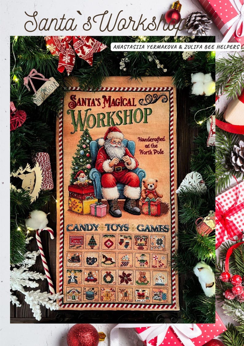 May include: A vintage-style illustration of Santa Claus in his workshop, surrounded by Christmas decorations. The image features a grid of 36 squares, each containing a different Christmas-themed icon, such as candy canes, toys, and games. The text "Santa's Magical Workshop" is displayed at the top of the image, and the text "Handcrafted at the North Pole" is displayed below Santa Claus. The text "Candy Toys Games" is displayed below the grid of icons.