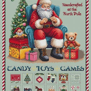 May include: A vintage-style illustration of Santa Claus in his workshop, surrounded by presents and toys. The image features a grid of 24 squares, each containing a different Christmas-themed image, such as a Christmas tree, a stocking, a gingerbread man, and a snowman. The text "SANTA'S MAGICAL WORKSHOP" is at the top of the image, and the text "CANDY TOYS GAMES" is at the bottom.