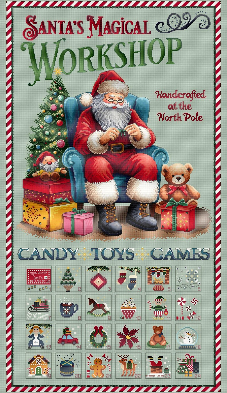 May include: A vintage-style illustration of Santa Claus in his workshop, surrounded by presents and toys. The image features a grid of 24 squares, each containing a different Christmas-themed image, such as a Christmas tree, a stocking, a gingerbread man, and a snowman. The text "SANTA'S MAGICAL WORKSHOP" is at the top of the image, and the text "CANDY TOYS GAMES" is at the bottom.