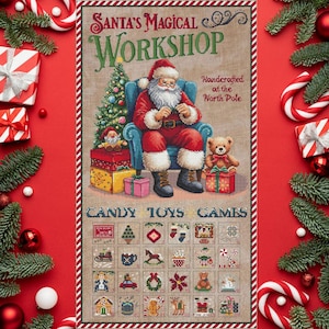 Puede incluir: Una ilustración de estilo vintage de Papá Noel en su taller, rodeado de juguetes, dulces y juegos. El texto dice "El taller mágico de Papá Noel, Hecho a mano en el Polo Norte, Dulces, Juguetes, Juegos".