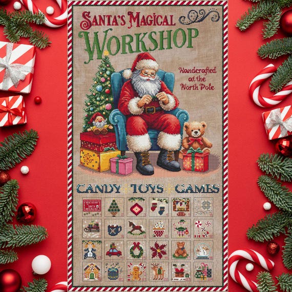 Santas Workshop cross stitch pattern Christmas Advent cross stitch pdf Christmas sampler digital pattern chart Winter cross stitch PDF chart