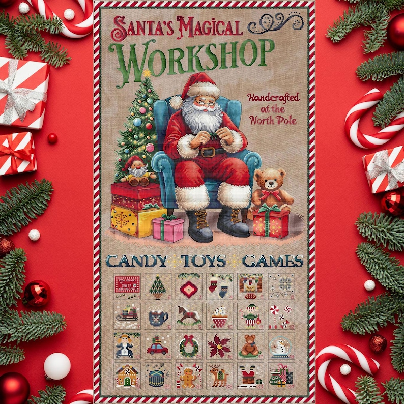 May include: A vintage-style illustration of Santa Claus in his workshop, surrounded by toys, candy, and games. The text reads "Santa's Magical Workshop, Handcrafted at the North Pole, Candy, Toys, Games".