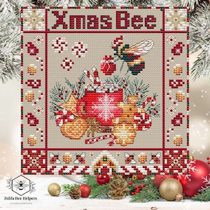 May include: Cross stitch pattern featuring a Christmas bee with a mug of hot chocolate, candy canes, gingerbread cookies, and snowflakes. The pattern is titled "Xmas Bee".