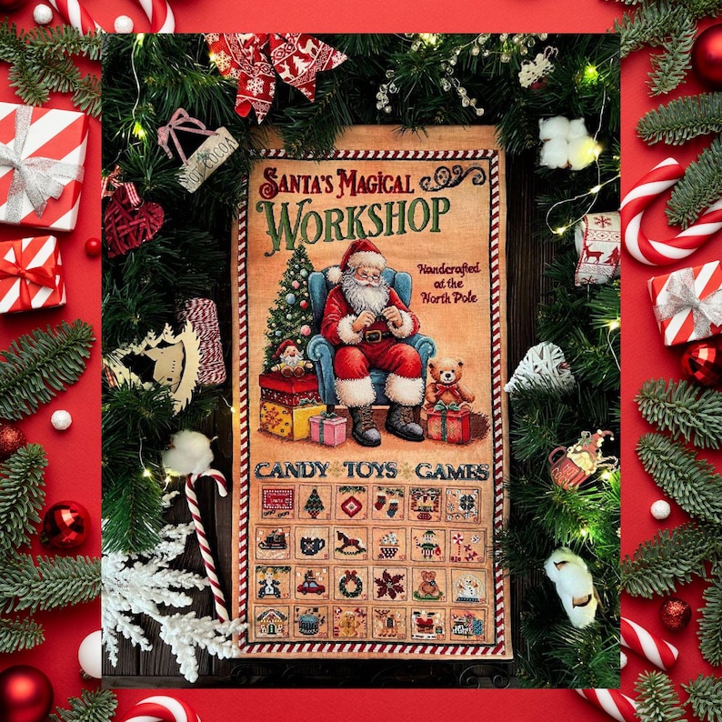 May include: A vintage-style Christmas poster featuring Santa Claus in his workshop. The poster has a red, white, and blue color scheme and features the text "Santa's Magical Workshop" and "Handcrafted at the North Pole". The poster also includes a grid of 36 small images of various Christmas-themed items, such as candy canes, toys, and games.