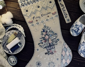 Christmas Stocking Cross Stitch Chinoiserie Toil de Jouy Boot Pattern PDF Download Hardanger digital  PDF chart Winter cross stitch sock