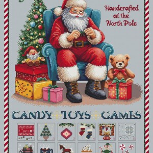 May include: A cross-stitch pattern featuring Santa Claus in his workshop, surrounded by Christmas trees, presents, and toys. The pattern includes a grid of 24 squares, each containing a different Christmas-themed image, such as a candy cane, a rocking horse, and a snowman. The text "SANTA'S MAGICAL WORKSHOP" is at the top of the pattern, and the text "CANDY TOYS GAMES" is at the bottom.